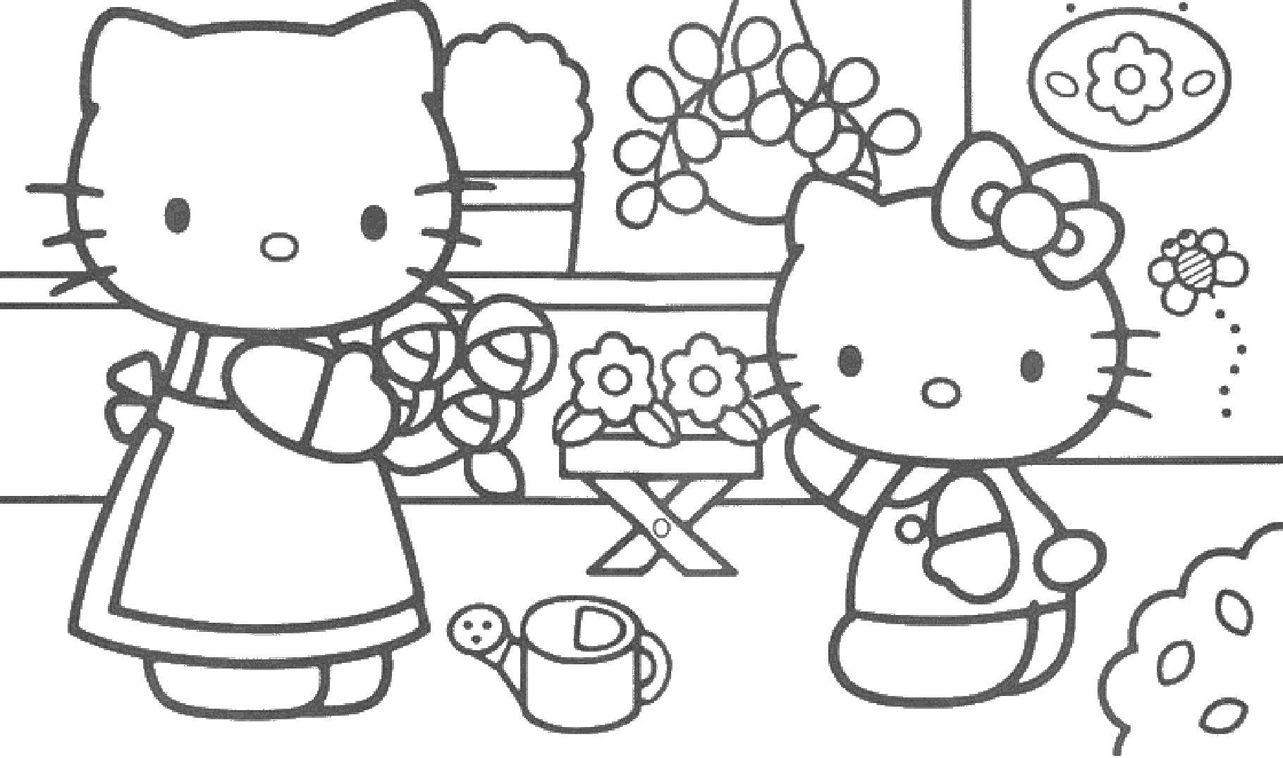 Название: Раскраска Китти помогает мама сажать цветы. Категория: Хэллоу Китти. Теги: Китти, мама.