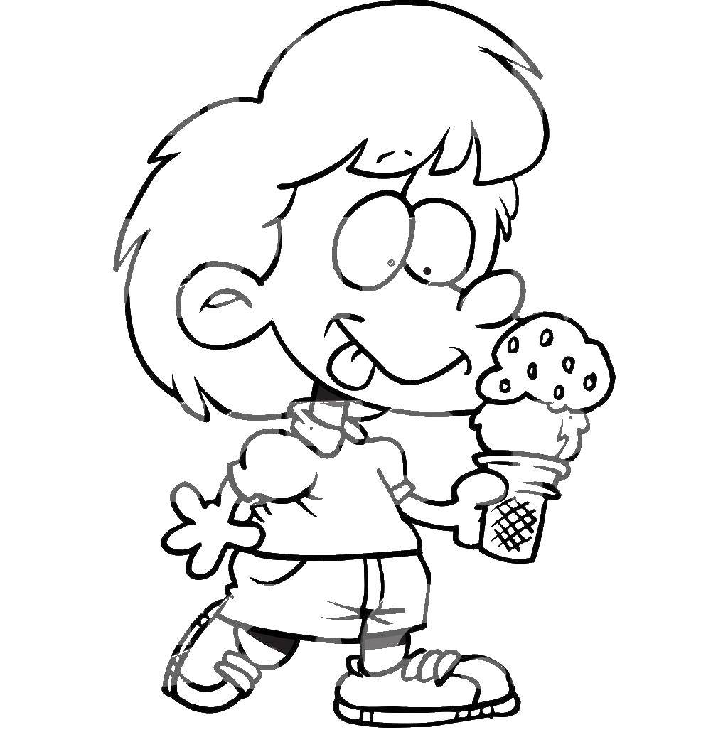 Название: Раскраска Ребенок с мороженым. Категория: мороженое. Теги: мороженое, ребенок.