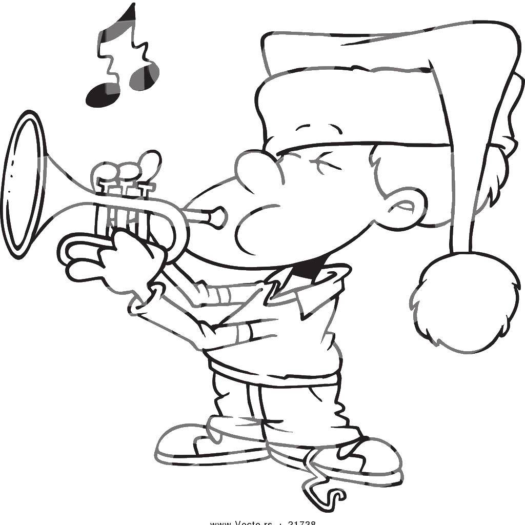 Название: Раскраска Мальчик играет на трубе. Категория: Музыка. Теги: мальчик, труба, музыка.