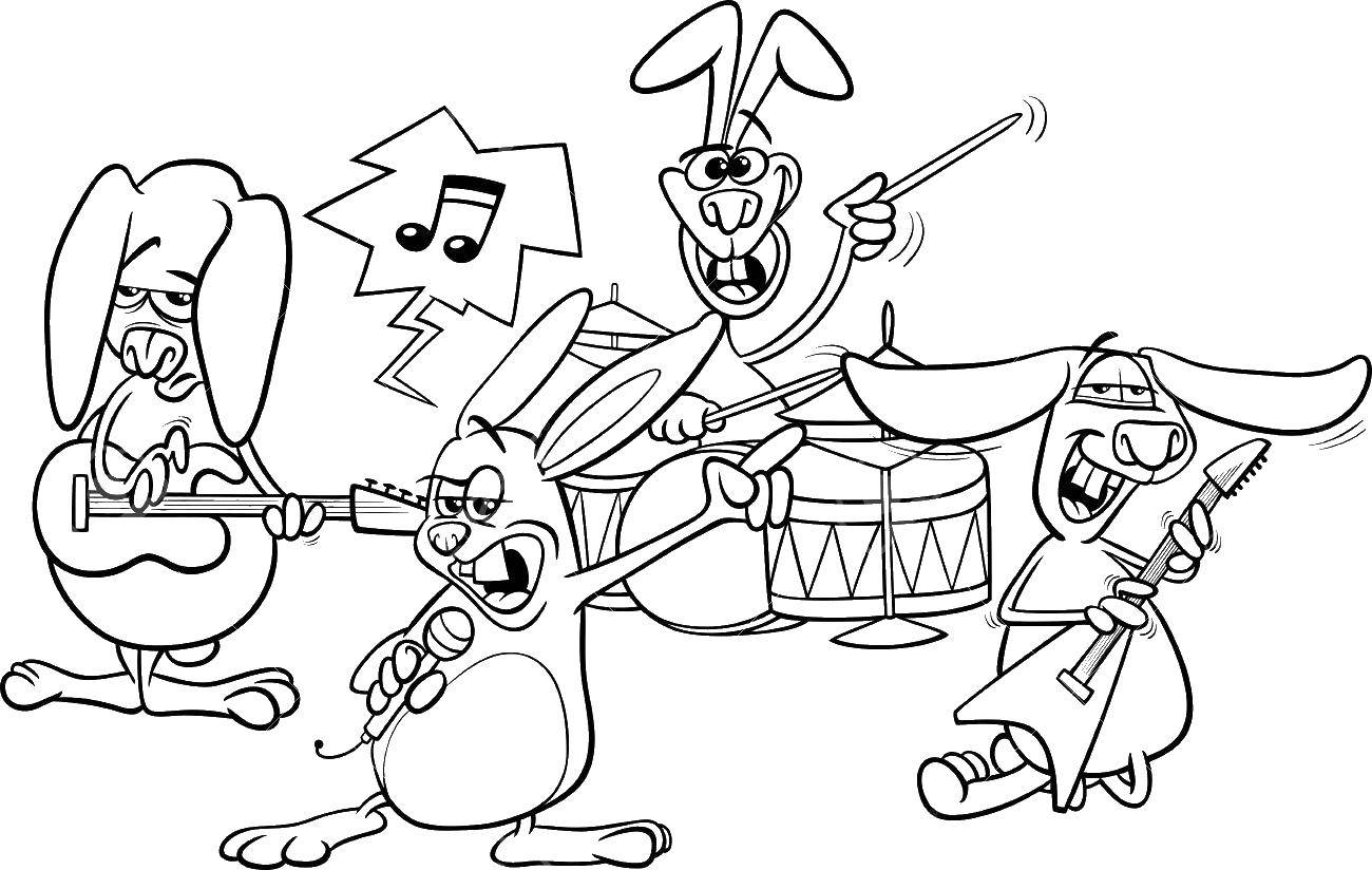 Название: Раскраска Зайцы играют на музыкальных инструментах. Категория: Музыка. Теги: музыка, зайцы, .