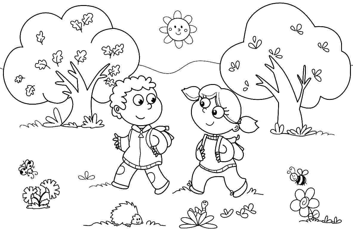 Название: Раскраска Детки на прогулке. Категория: дети. Теги: природа, деревья, листья, сад, дети.
