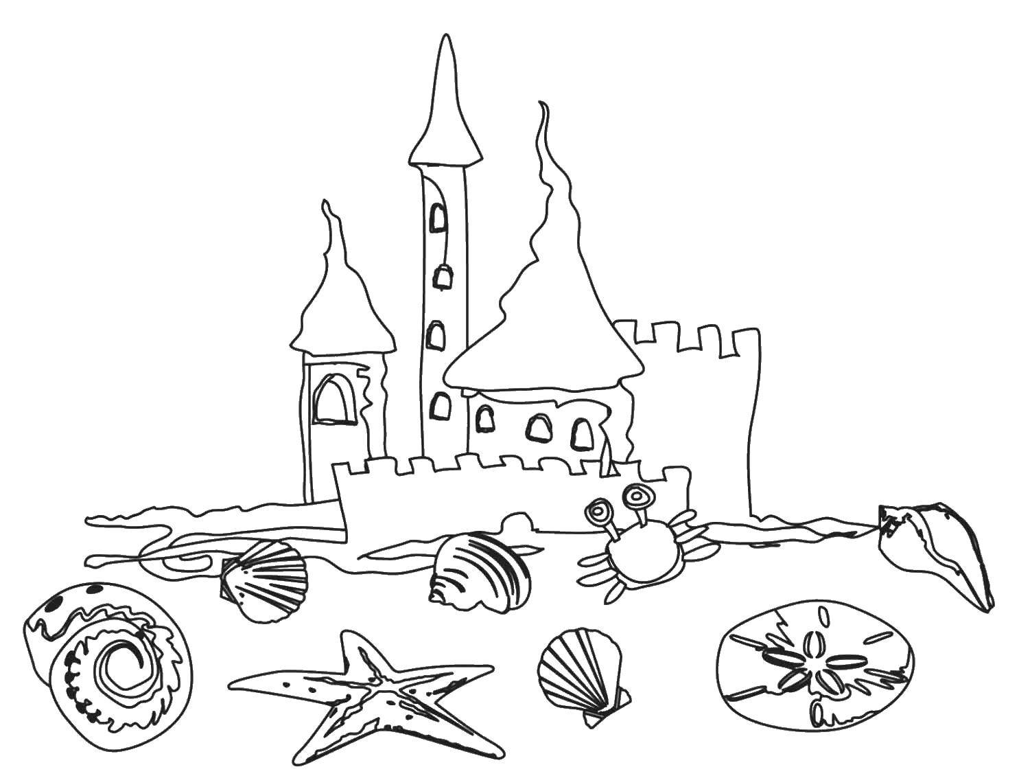 Coloring Sea castle. Category Summer beach. Tags:  Beach, sand castle, crab, ball, starfish.