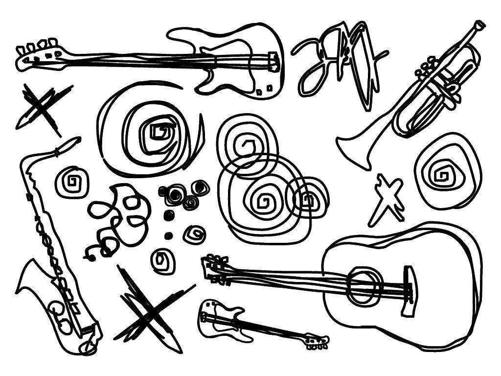 Название: Раскраска Музыкальные инструменты. Категория: музыкальные инструменты. Теги: Музыка, инструмент, музыкант.