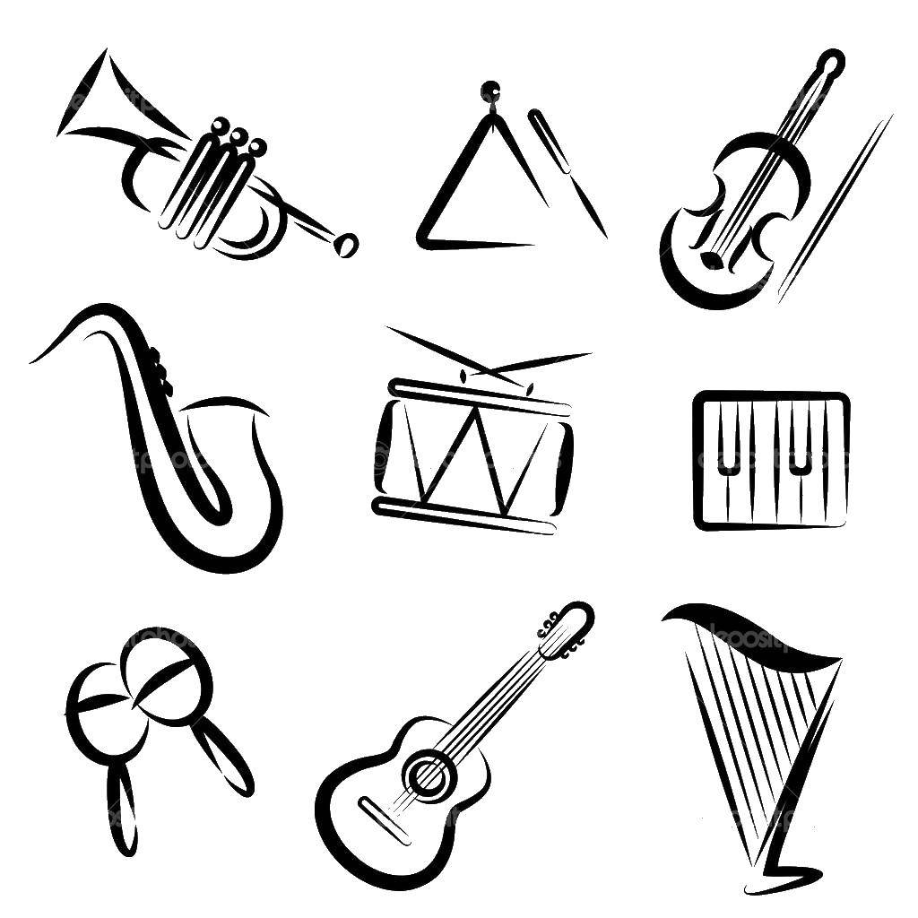Название: Раскраска Музыкальные инструменты. Категория: Музыка. Теги: Музыка, инструмент, музыкант.