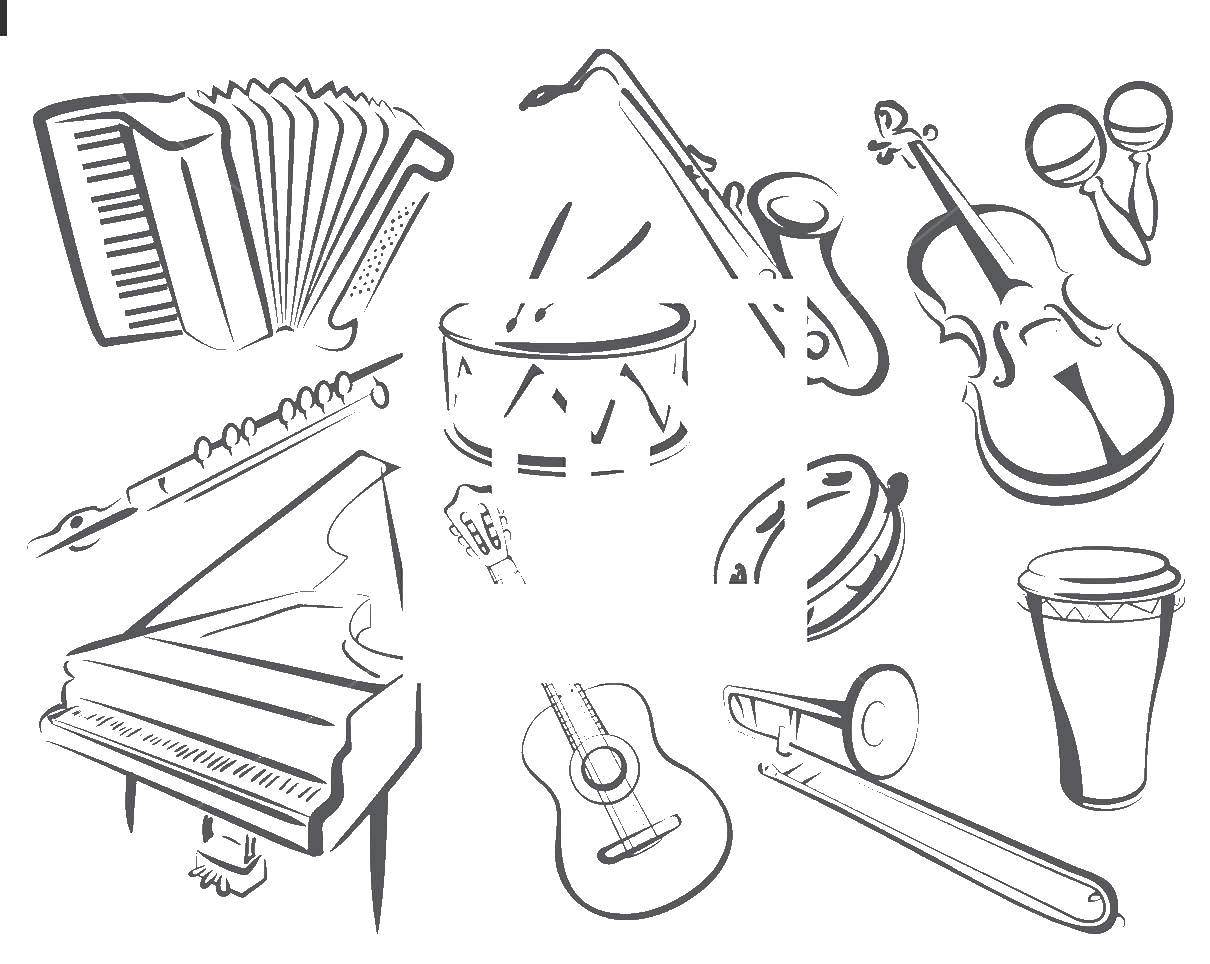 Название: Раскраска Музыкальные инструменты. Категория: Музыка. Теги: Музыка, инструмент, музыкант, ноты.
