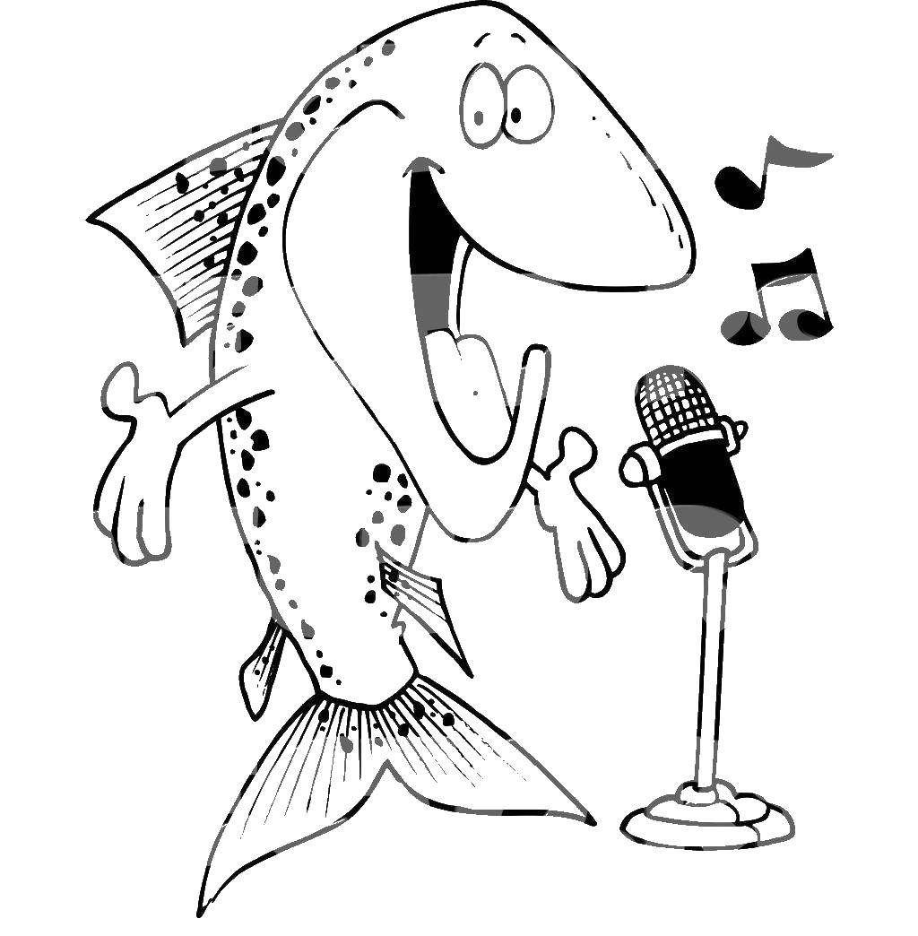Название: Раскраска Рыбка певец. Категория: Музыка. Теги: Музыка, инструмент, музыкант, ноты, пение.
