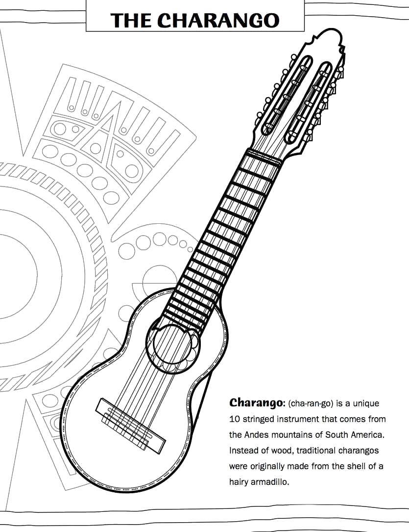 Coloring Charango. Category Music. Tags:  Music, instrument, musician, note.
