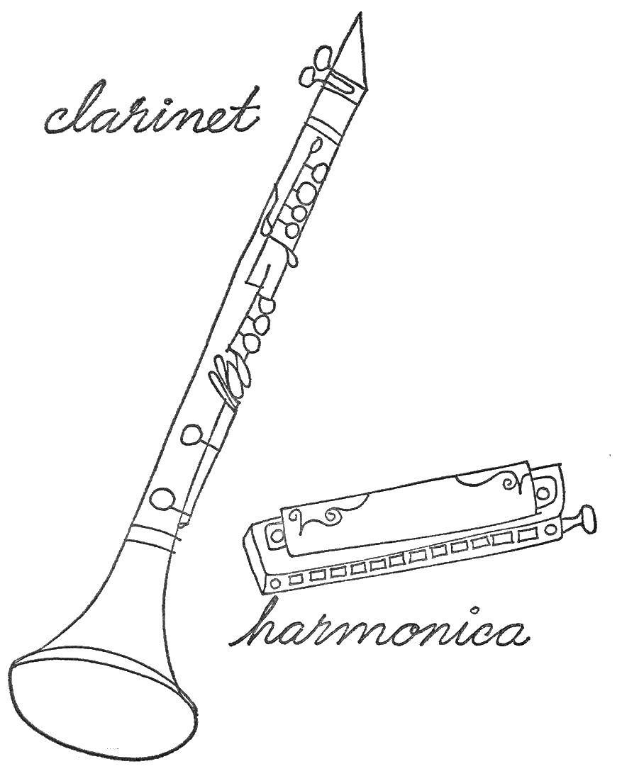 Название: Раскраска Кларнет и гармошка. Категория: Музыка. Теги: Музыка, инструмент, музыкант, ноты.