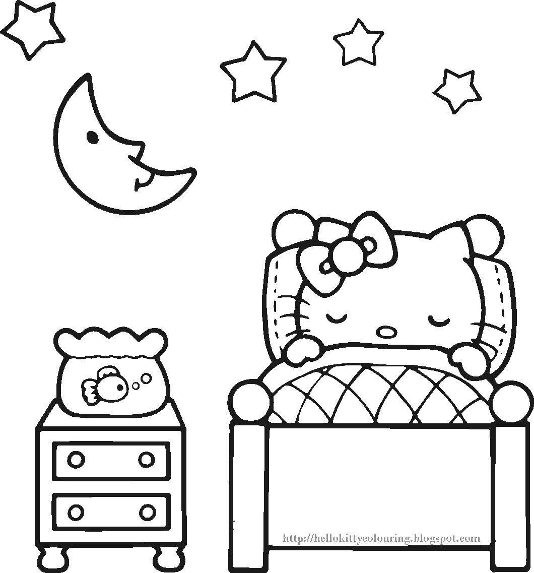 Название: Раскраска Китти спит в кроватке. Категория: китти. Теги: Китти.