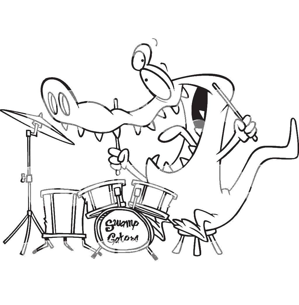 Coloring Crocodile drummer. Category Music. Tags:  Music, instrument, musician, note.