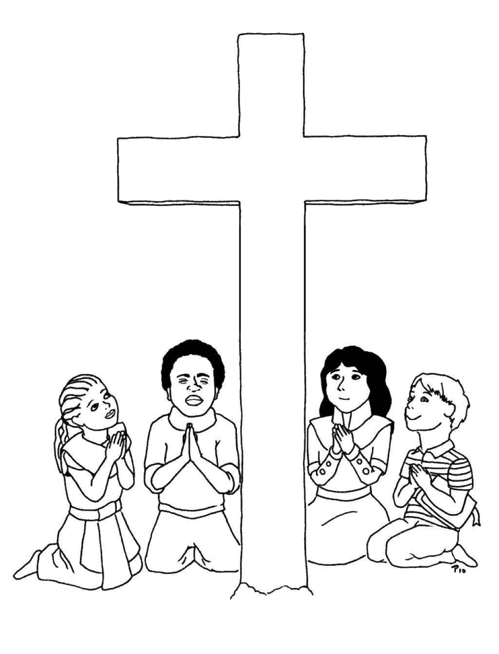 Название: Раскраска Дети молятся. Категория: раскраски крест. Теги: дети, крест, религия.