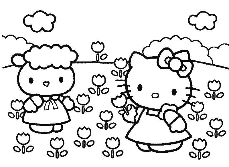 Coloring Kitty picking flowers. Category kitty . Tags:  Kitty .