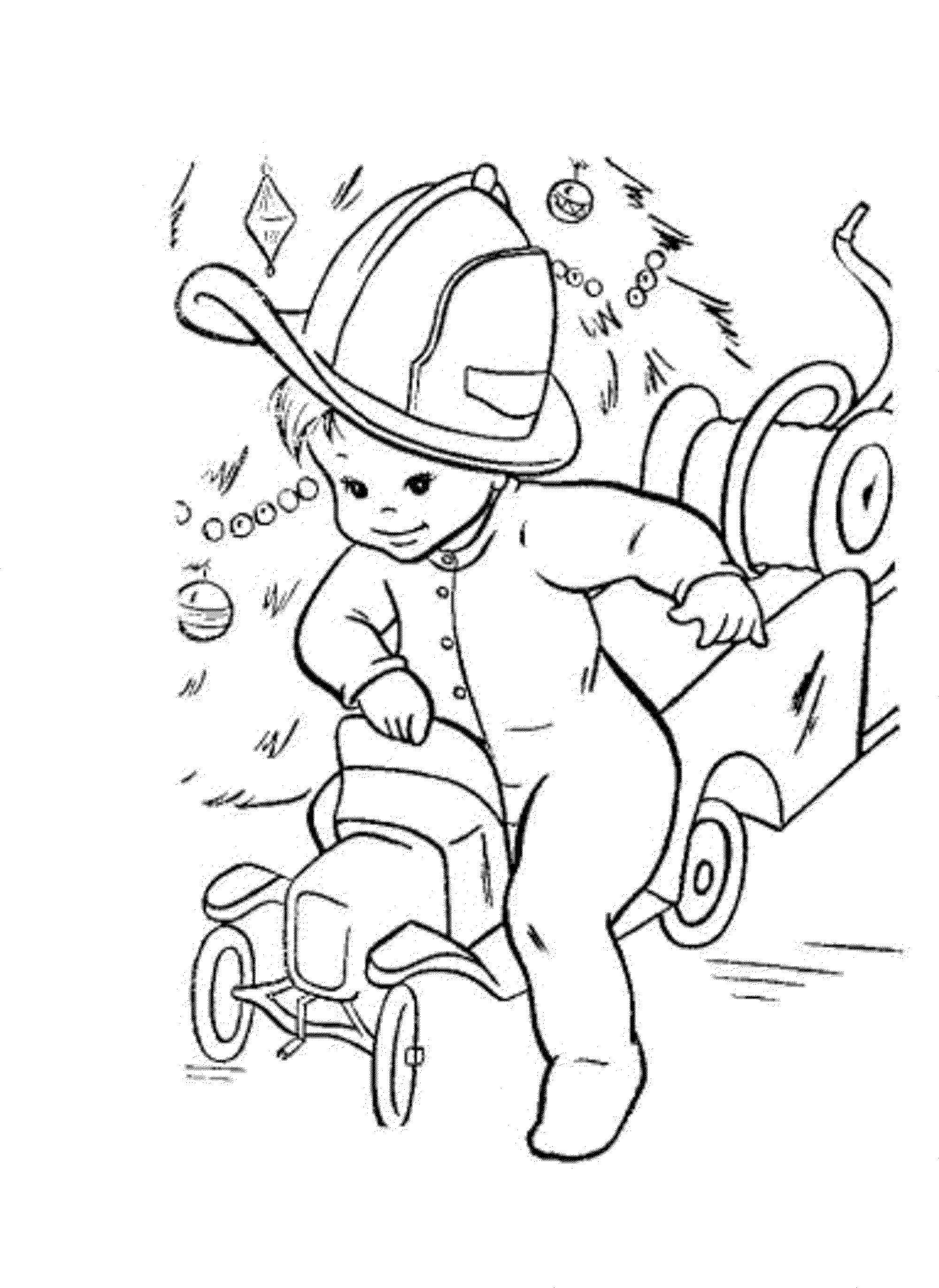 Название: Раскраска Ребенок катается на пожарной машине. Категория: Люди. Теги: ребенок, машина.
