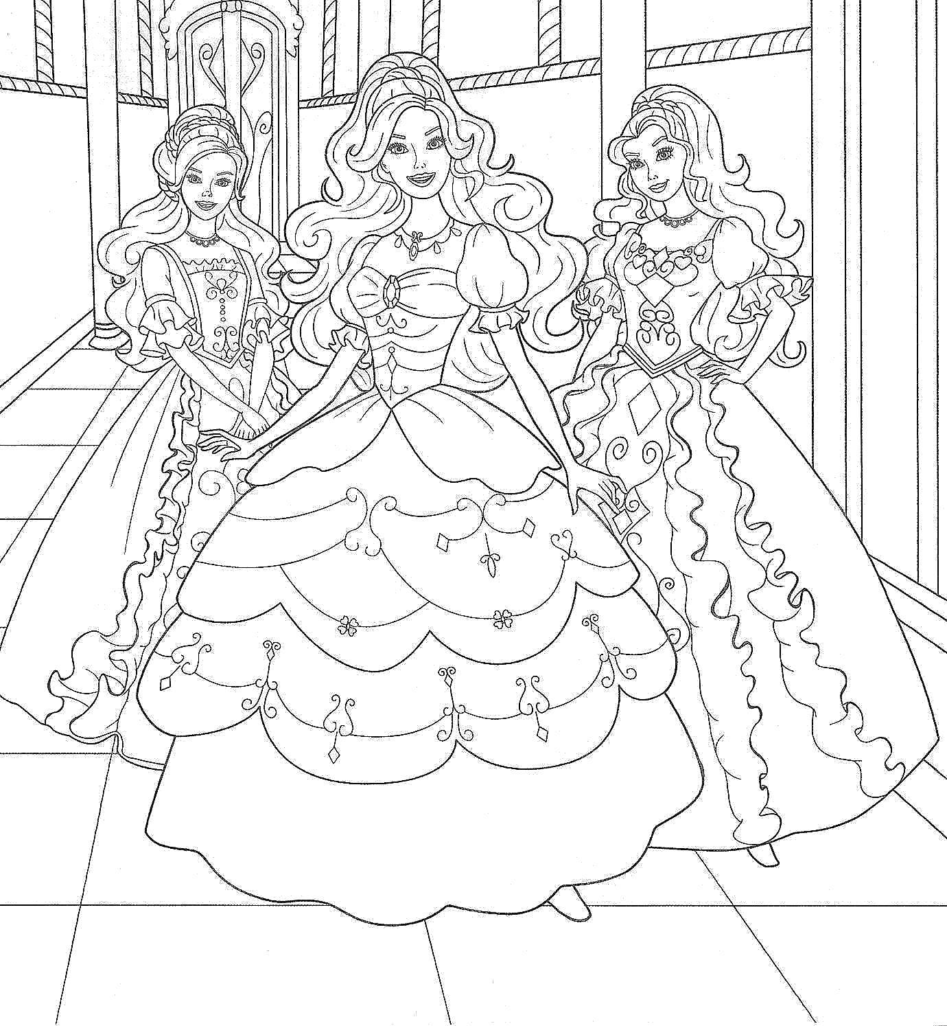 Название: Раскраска Барби принцессы в пышных платьях. Категория: Платья. Теги: Одежда, платье.