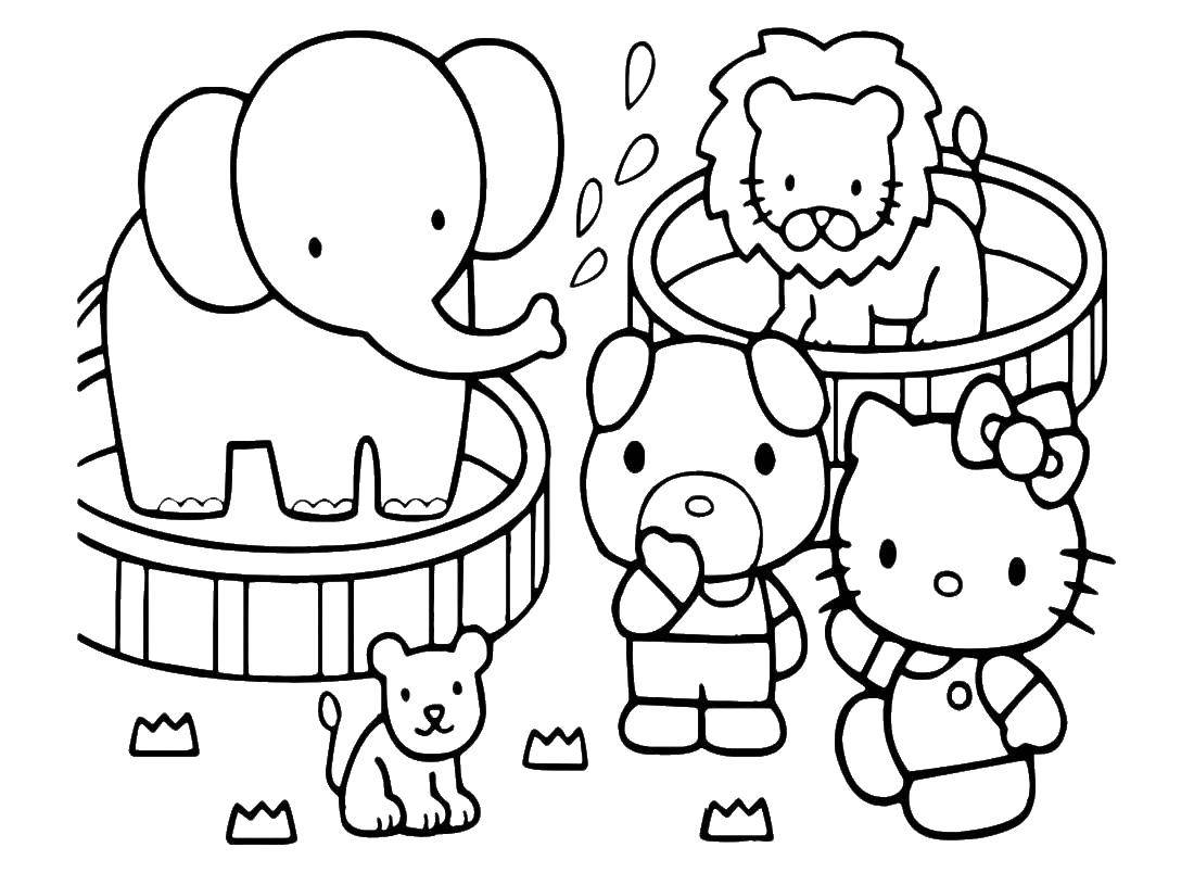 Название: Раскраска Китти с друзьями в зоопарке. Категория: китти. Теги: Китти.