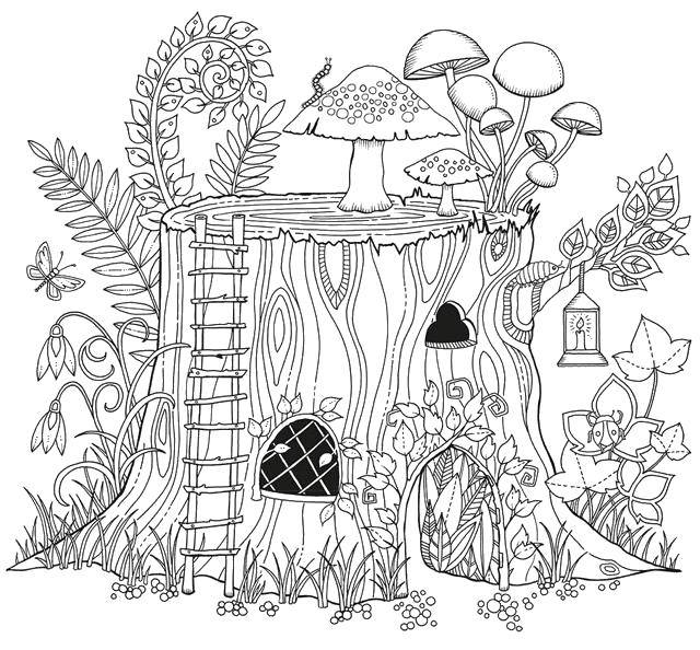 Название: Раскраска Лесной домик в пеньке. Категория: лес. Теги: Лес, дерево, ветка, листья, домик.
