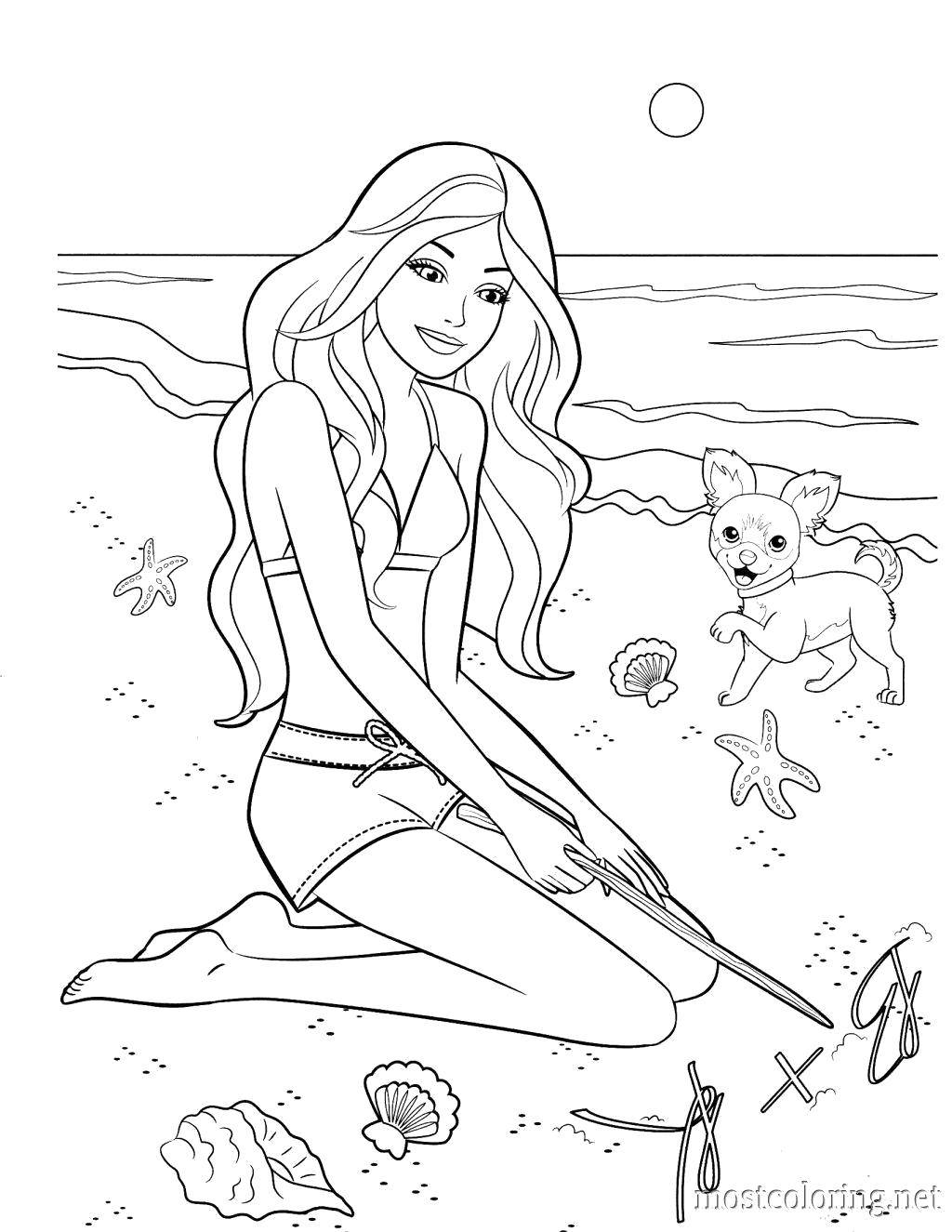 Название: Раскраска Барби на пляже. Категория: Барби. Теги: Барби, пляж, лето, отдых.