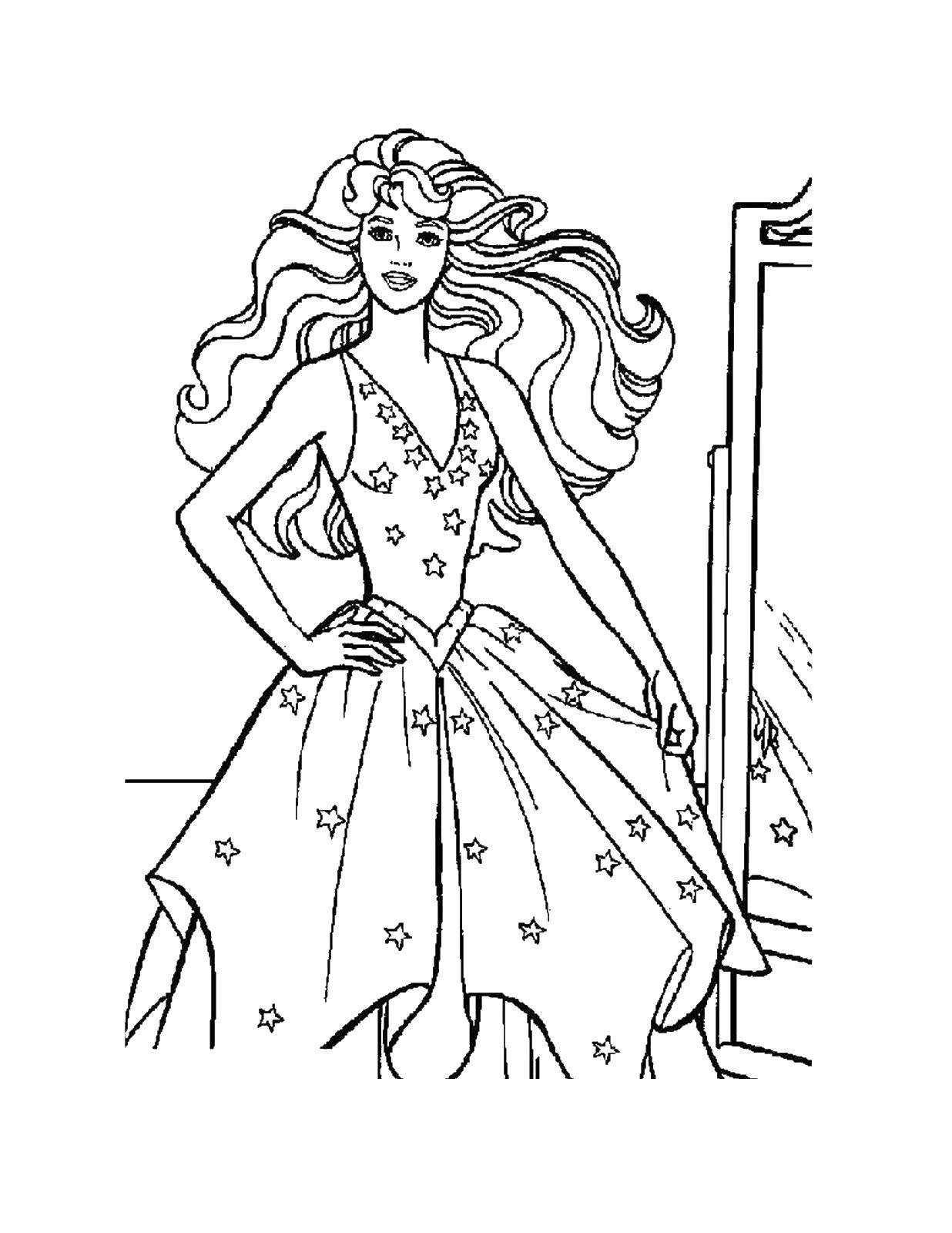 Название: Раскраска Барби в платье со звездочками. Категория: Платья. Теги: Одежда, платье.