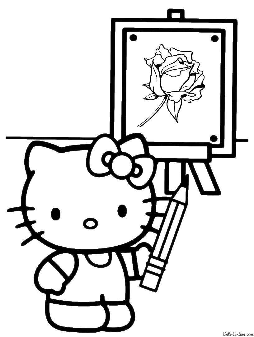 Название: Раскраска Китти рисует розу. Категория: китти. Теги: Китти, роза.