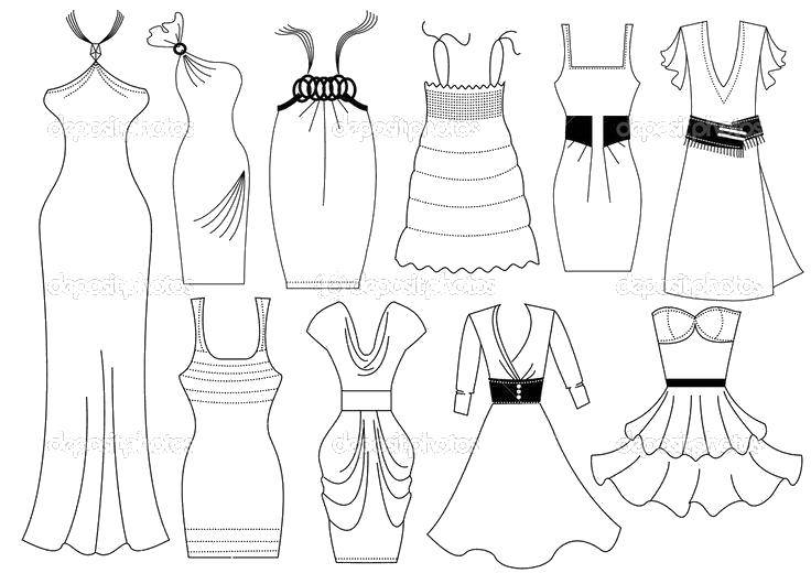 Название: Раскраска Разные модели платьев. Категория: Платья. Теги: Одежда, платье.