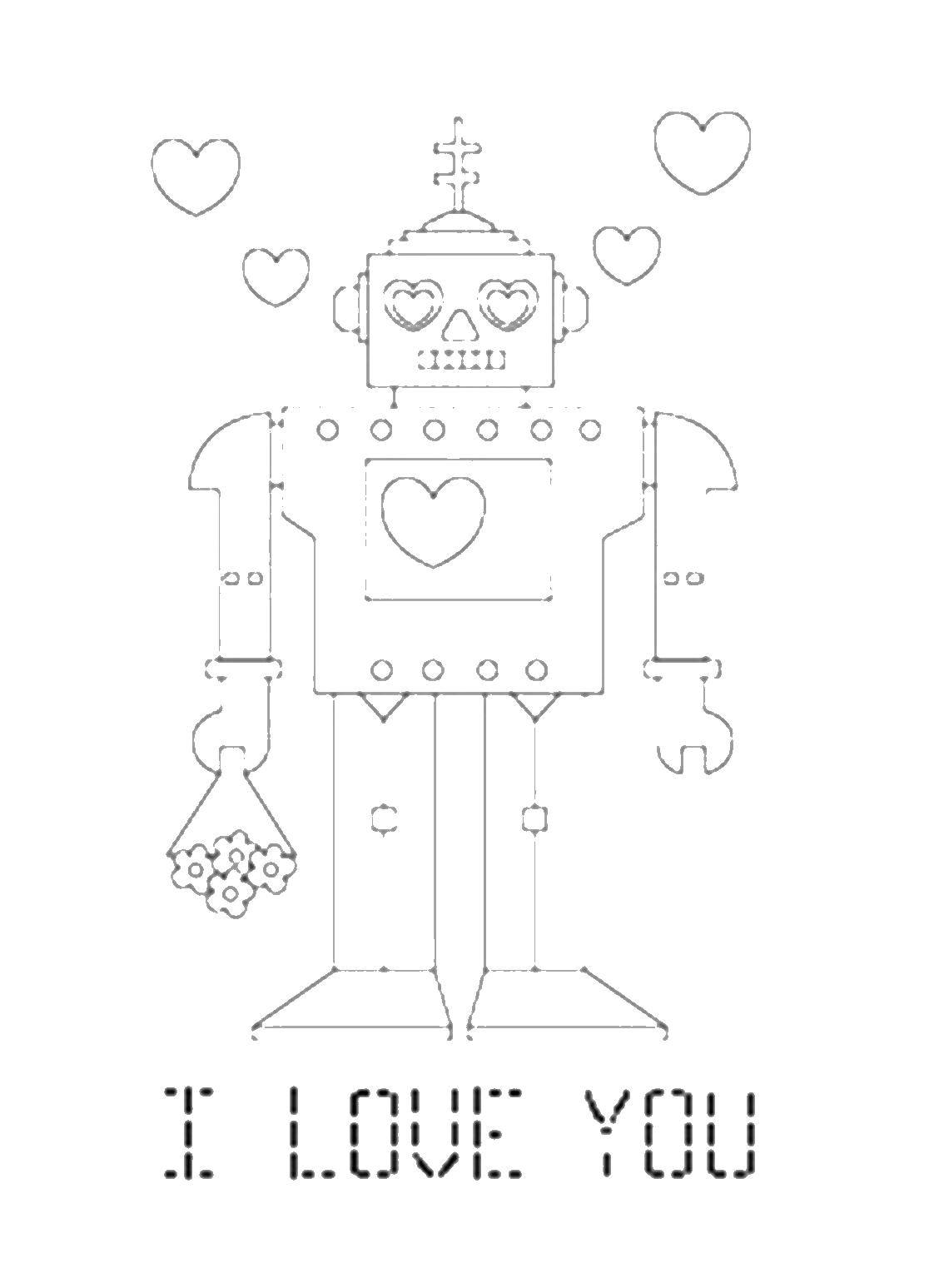 Название: Раскраска Робот, я люблю тебя. Категория: Я тебя люблю. Теги: я тебя люблю, робот, сердце.