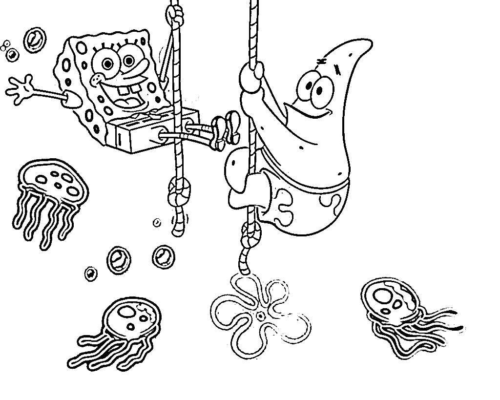 Coloring Spongebob and Patrick hunting jellyfish. Category Characters cartoon. Tags:  Cartoon character, spongebob, spongebob, Patrick.