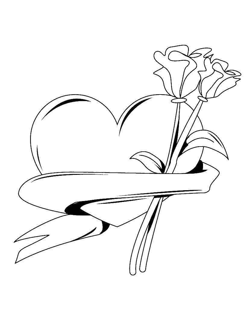 Название: Раскраска Сердце и розы. Категория: цветы. Теги: Цветы, розы.