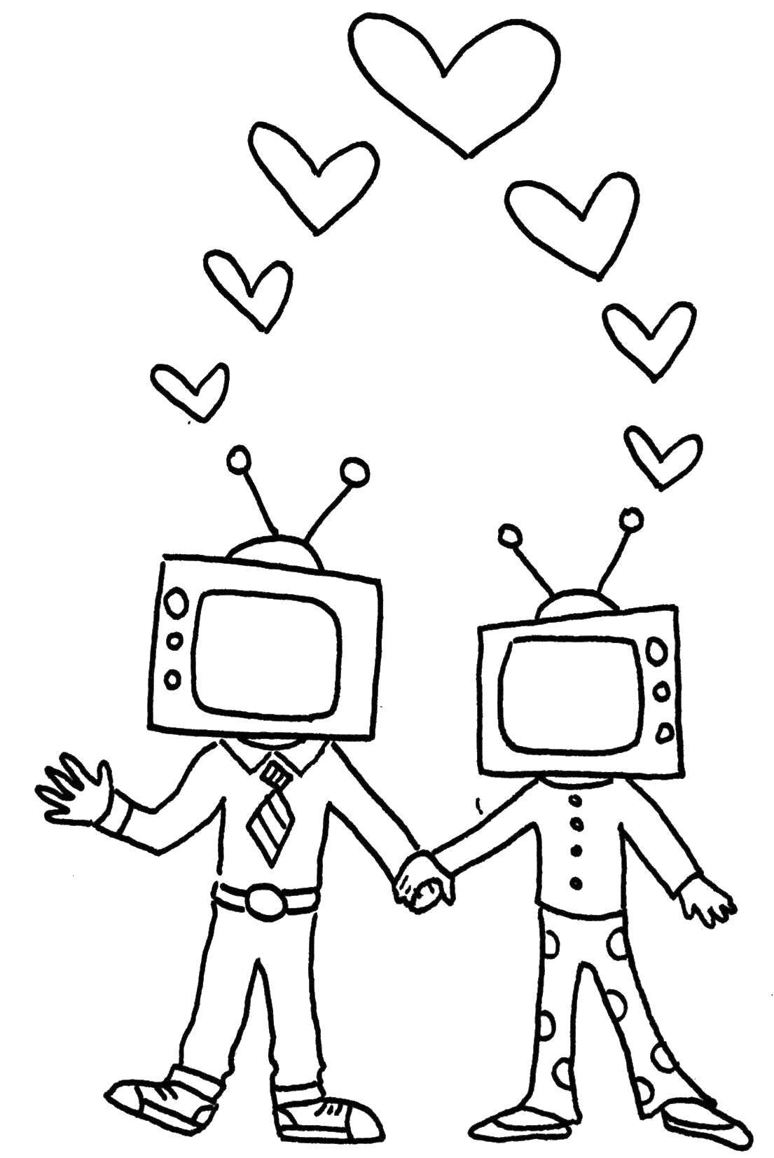 Название: Раскраска Влюбленные телевизоры. Категория: Я тебя люблю. Теги: любовь, телевизор, .