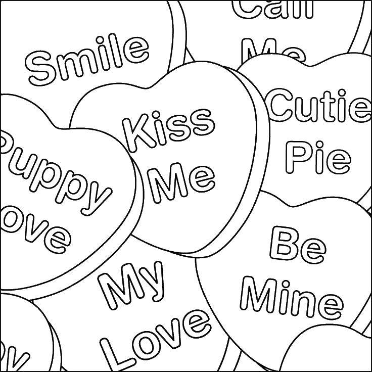 Опис: розмальовки  Цукерки зі словами про кохання. Категорія: Я тебе люблю. Теги:  цукерки.