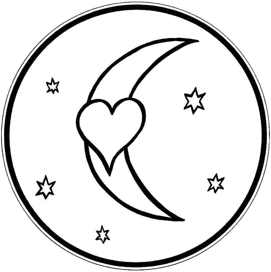 Coloring Moon, Crescent moon,heart, star. Category Hearts. Tags:  The moon, half moon, heart, star.