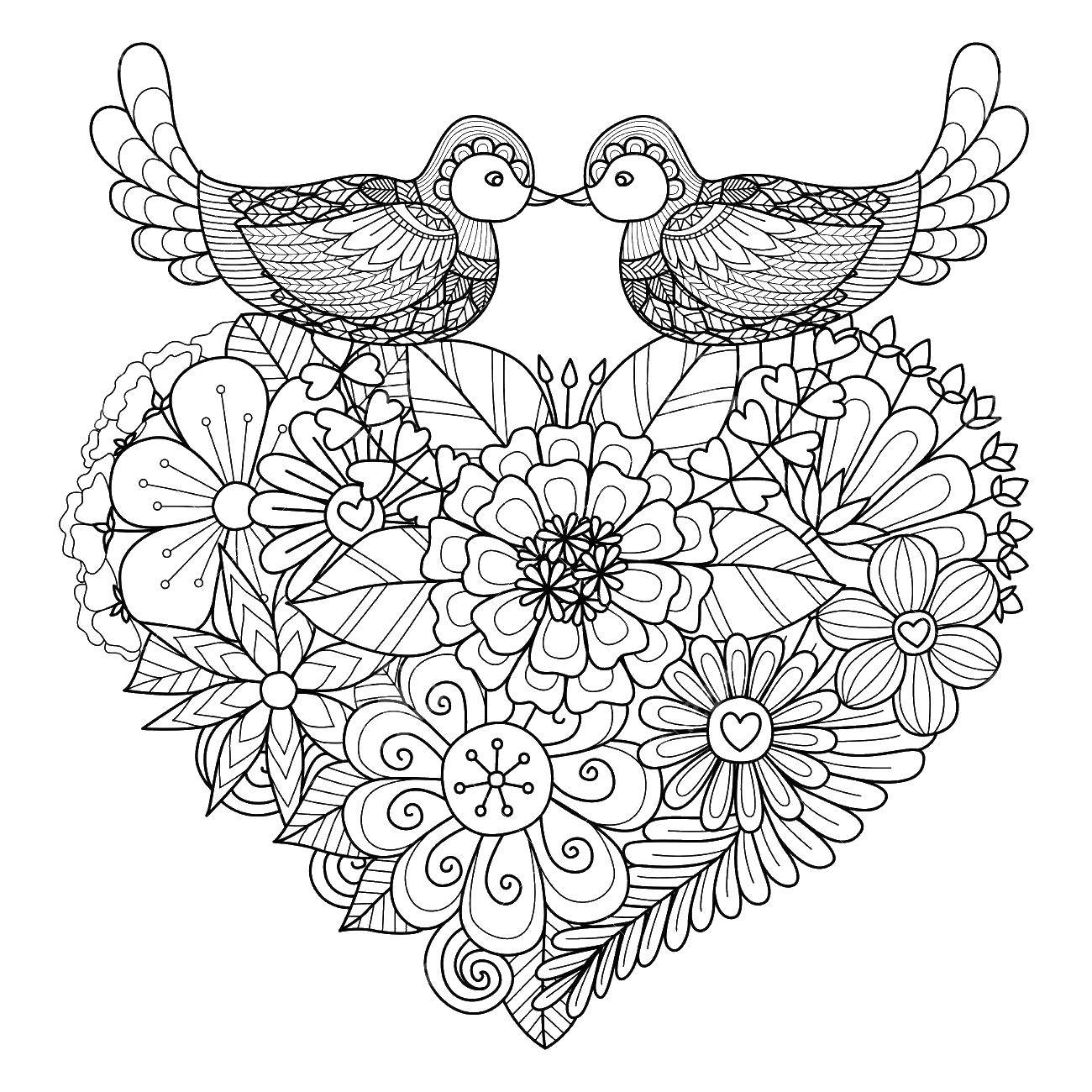 Название: Раскраска Птички на сердце. Категория: птицы. Теги: птицы, сердце.