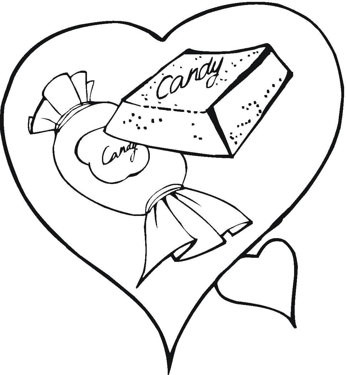 Название: Раскраска Сердце и конфеты. Категория: Сердечки. Теги: сердце, любовь, конфеты.
