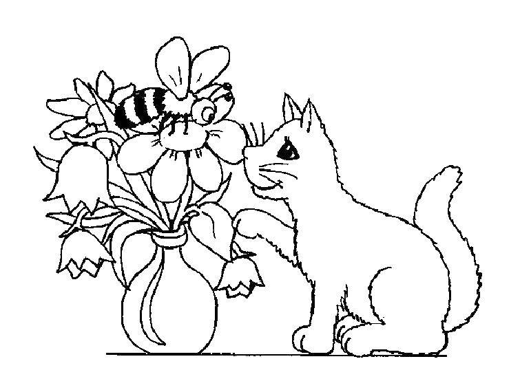 Название: Раскраска Кошка и ваза с цветами. Категория: Коты и котята. Теги: животные, котенок, кошка, цветы.