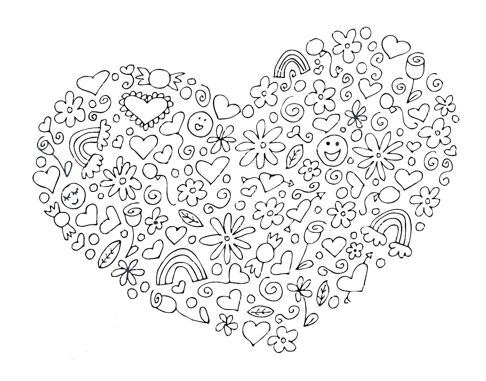 Название: Раскраска Сердечко из рисунков. Категория: Сердечки. Теги: сердечко, форма, рисунки.