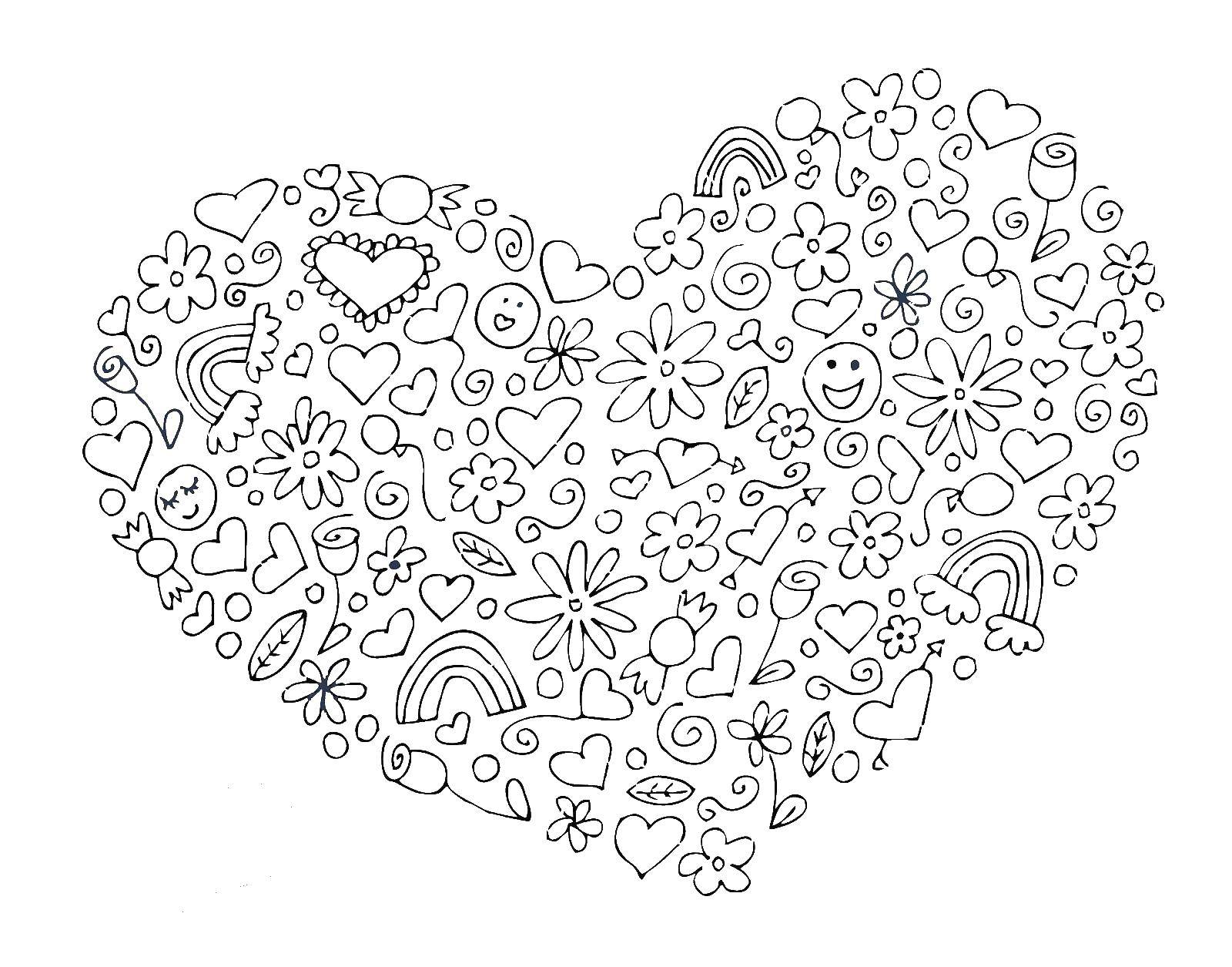 Название: Раскраска Сердце из рисунков. Категория: Сердечки. Теги: сердце, форма, узоры, любовь, рисунки.