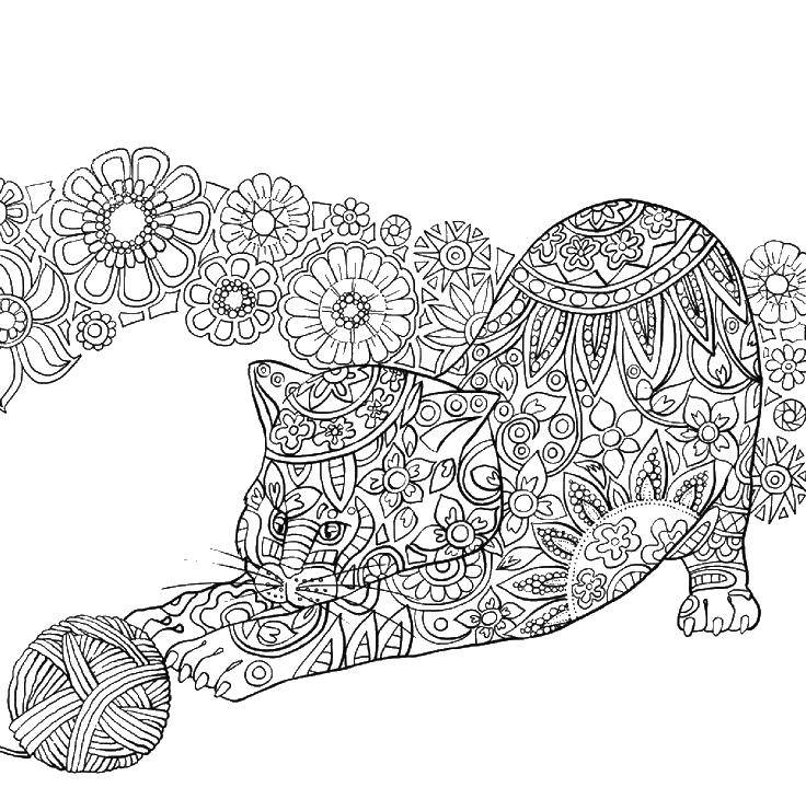 Название: Раскраска Кошка и клубок. Категория: раскраски антистресс. Теги: узоры, фигуры, антистресс, кошка.