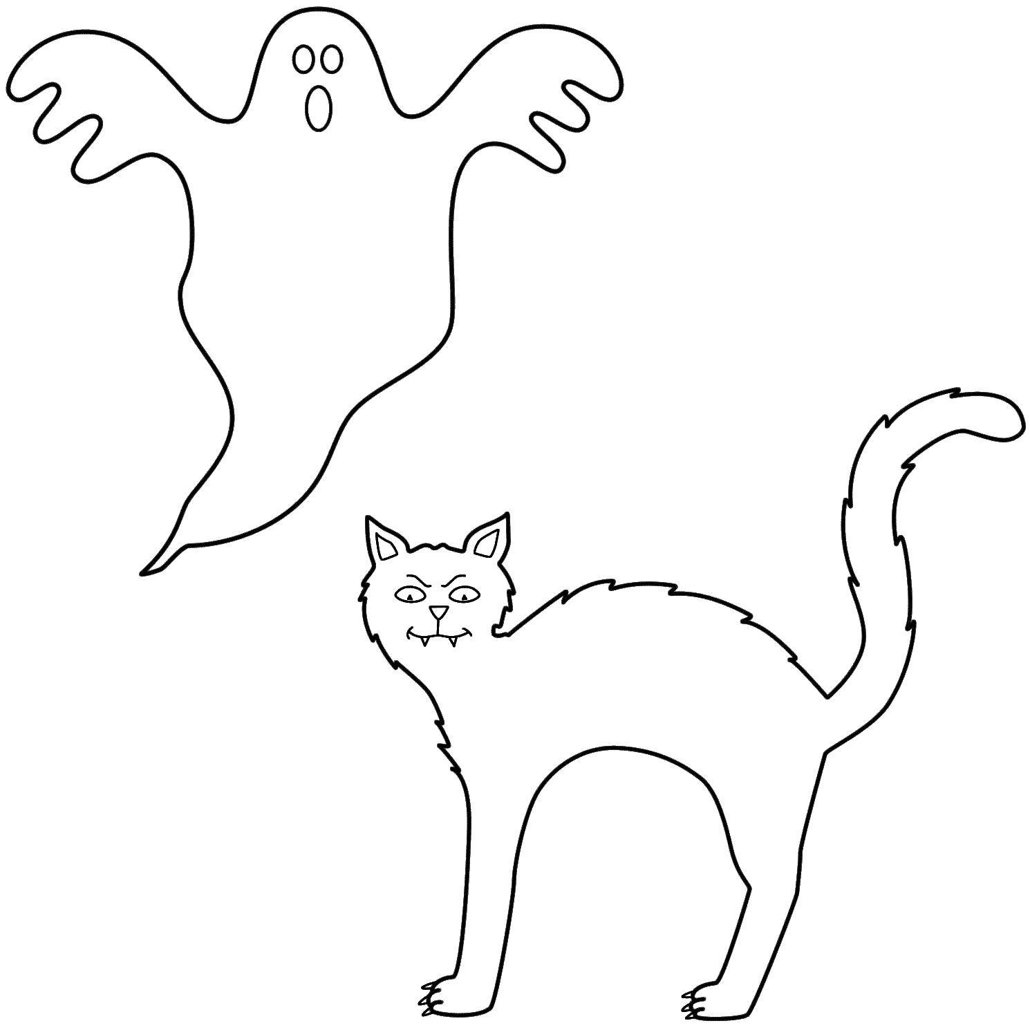 Название: Раскраска Приведение и кошка. Категория: Хэллоуин. Теги: кошка, приведение, Хэллоуин.