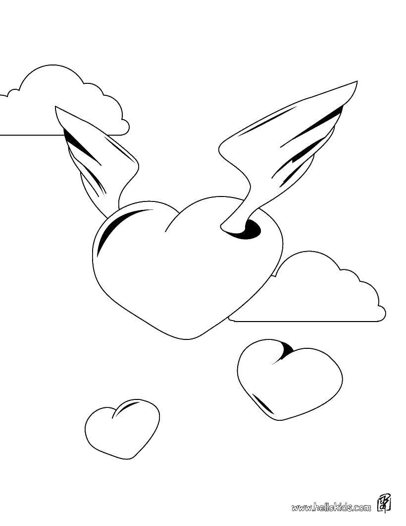 Coloring Heart with wings in the sky. Category I love you. Tags:  hearts, love.