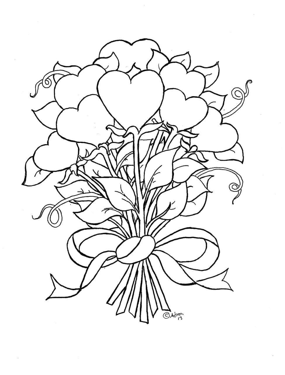 Название: Раскраска Букет сердечек. Категория: Сердечки. Теги: Сердечко, любовь, роза.