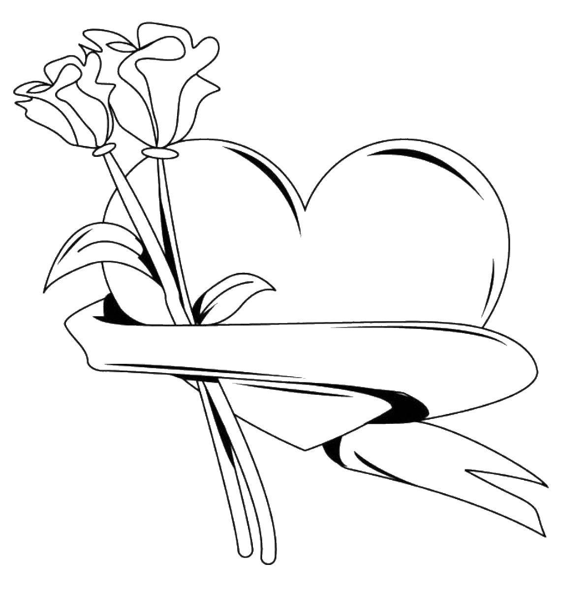 Coloring Heart entwined with a ribbon with roses. Category Hearts. Tags:  Heart, love, rose.