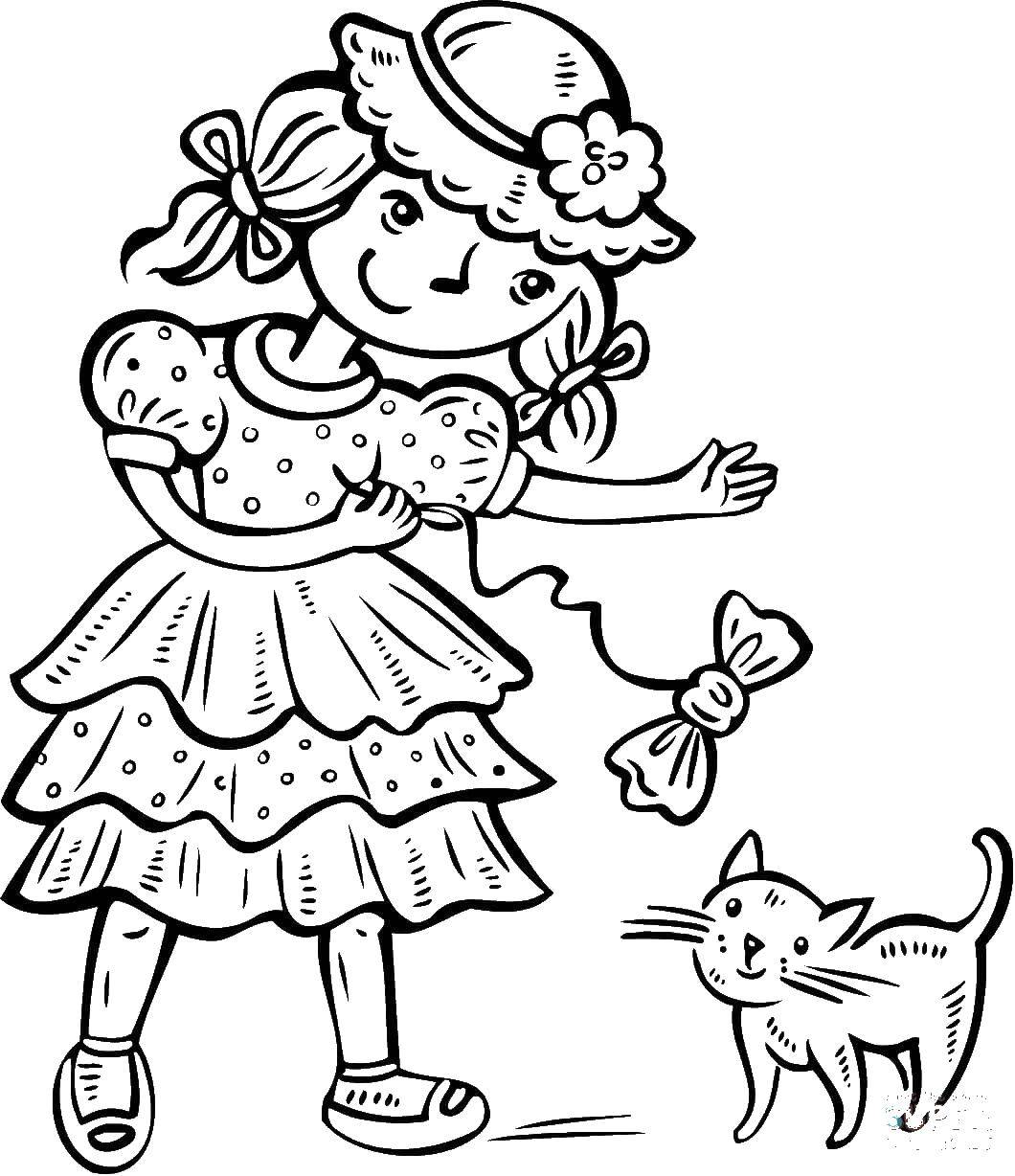 Coloring Girl playing with a kitten. Category Cats and kittens. Tags:  Animals, kitten.