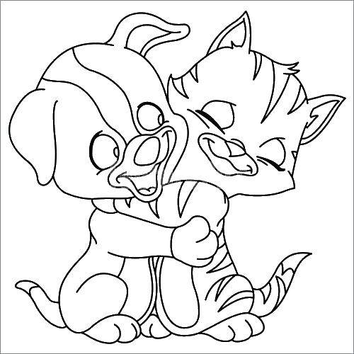 Coloring Dog and cat cuddling. Category Animals. Tags:  animals, cat, dog.