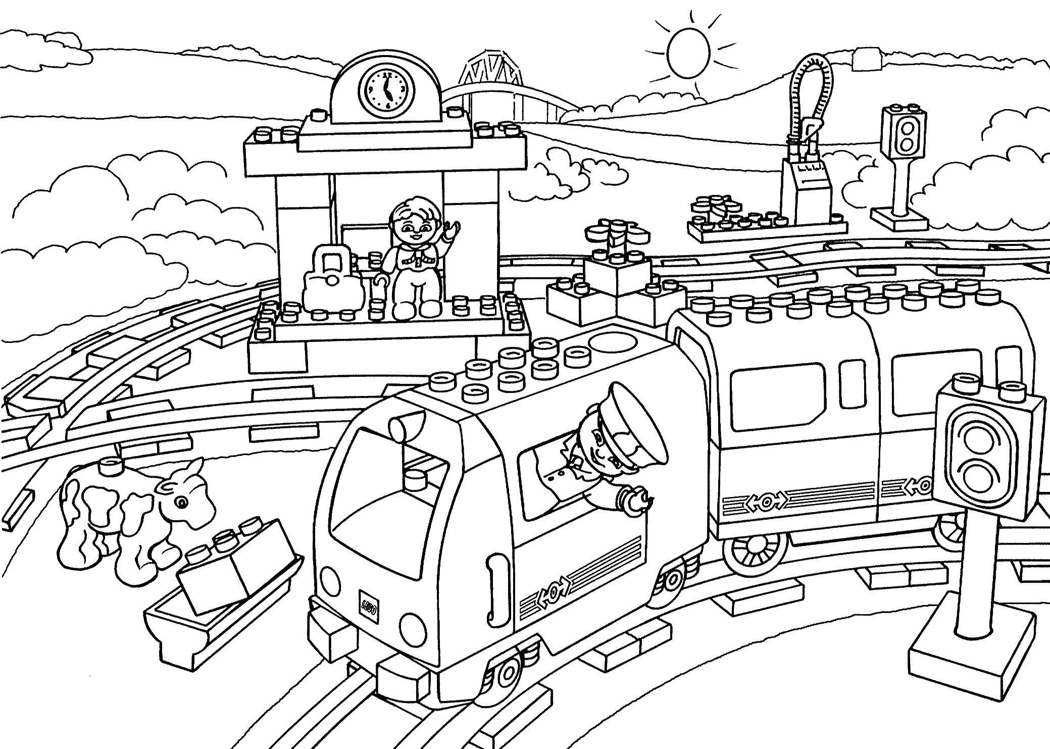 Название: Раскраска Железная дорога лего. Категория: Лего. Теги: лего, конструктор, железная дорога, поезд.