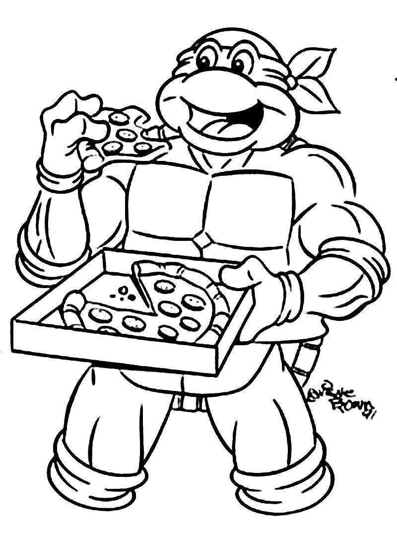 Название: Раскраска Черепашка ниндзя ест пиццу. Категория: черепашки ниндзя. Теги: Комиксы, Черепашки Ниндзя.