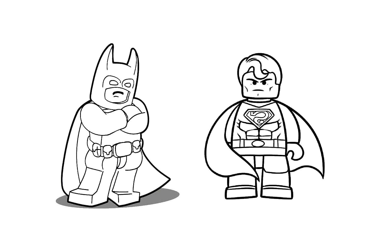 Название: Раскраска Бэтмэн из конструктора лего и супермэн. Категория: Лего. Теги: Конструктор, Лего.