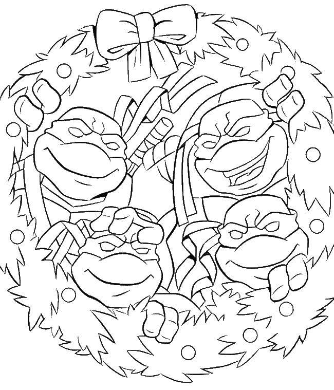 Название: Раскраска Черепашки ниндзя на рождество. Категория: черепашки ниндзя. Теги: мультфильмы, черепашки ниндзя, рождество.