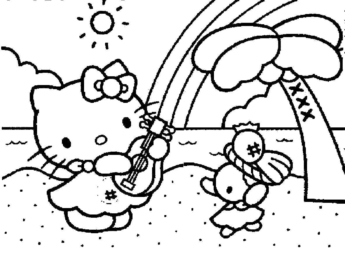 Coloring Hello kitty on beach with guitar. Category Hello Kitty. Tags:  Kitty, beach.