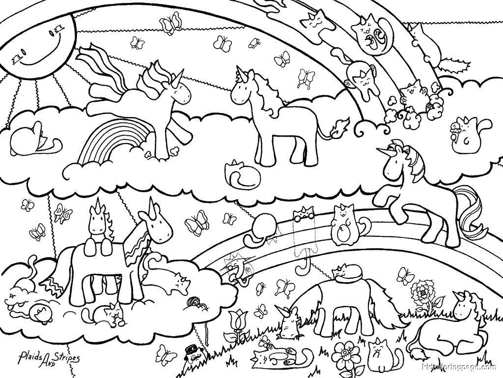 Название: Раскраска Пони и их сказочный мир. Категория: Пони. Теги: пони, радуга, для девочек.
