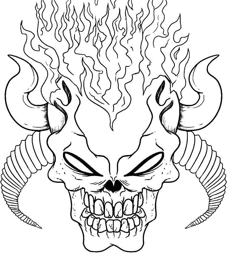 Название: Раскраска Страшный череп. Категория: Череп. Теги: череп, рога, пламя.