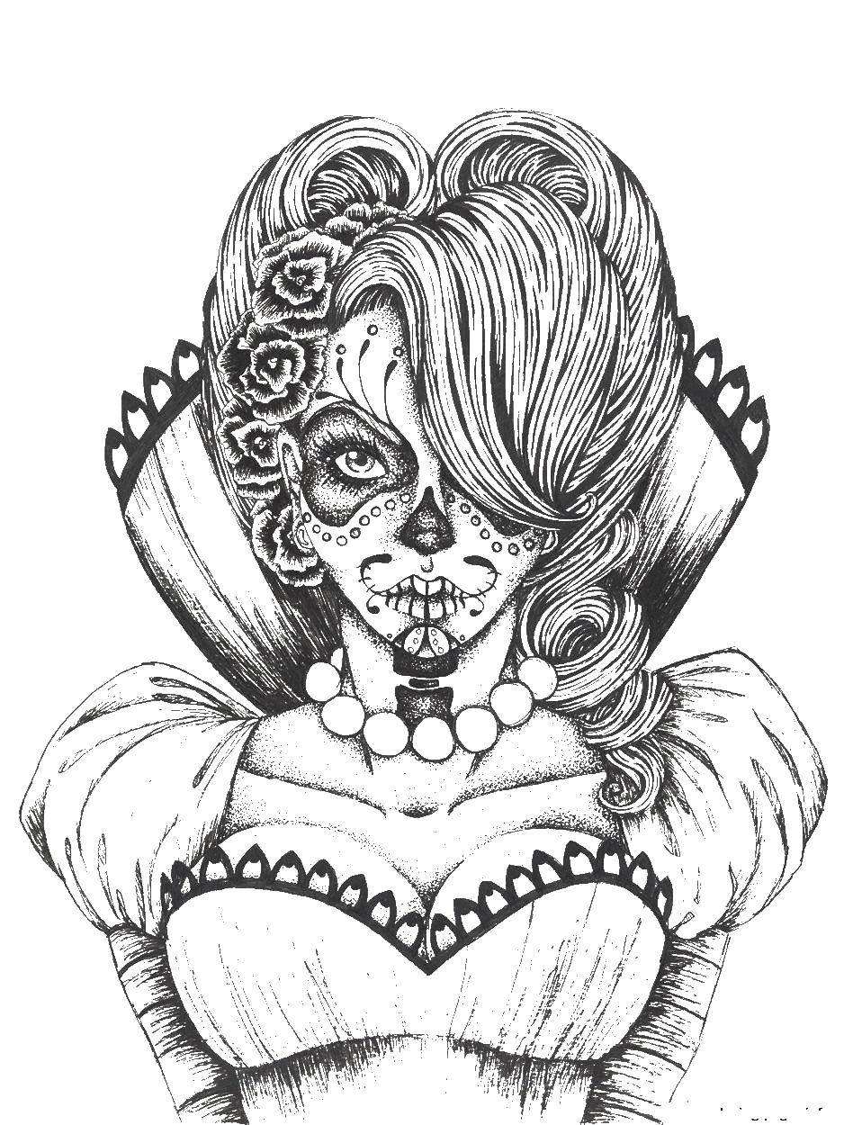 Название: Раскраска Девушка с лицом черепом. Категория: Череп. Теги: череп, узоры, девушка.